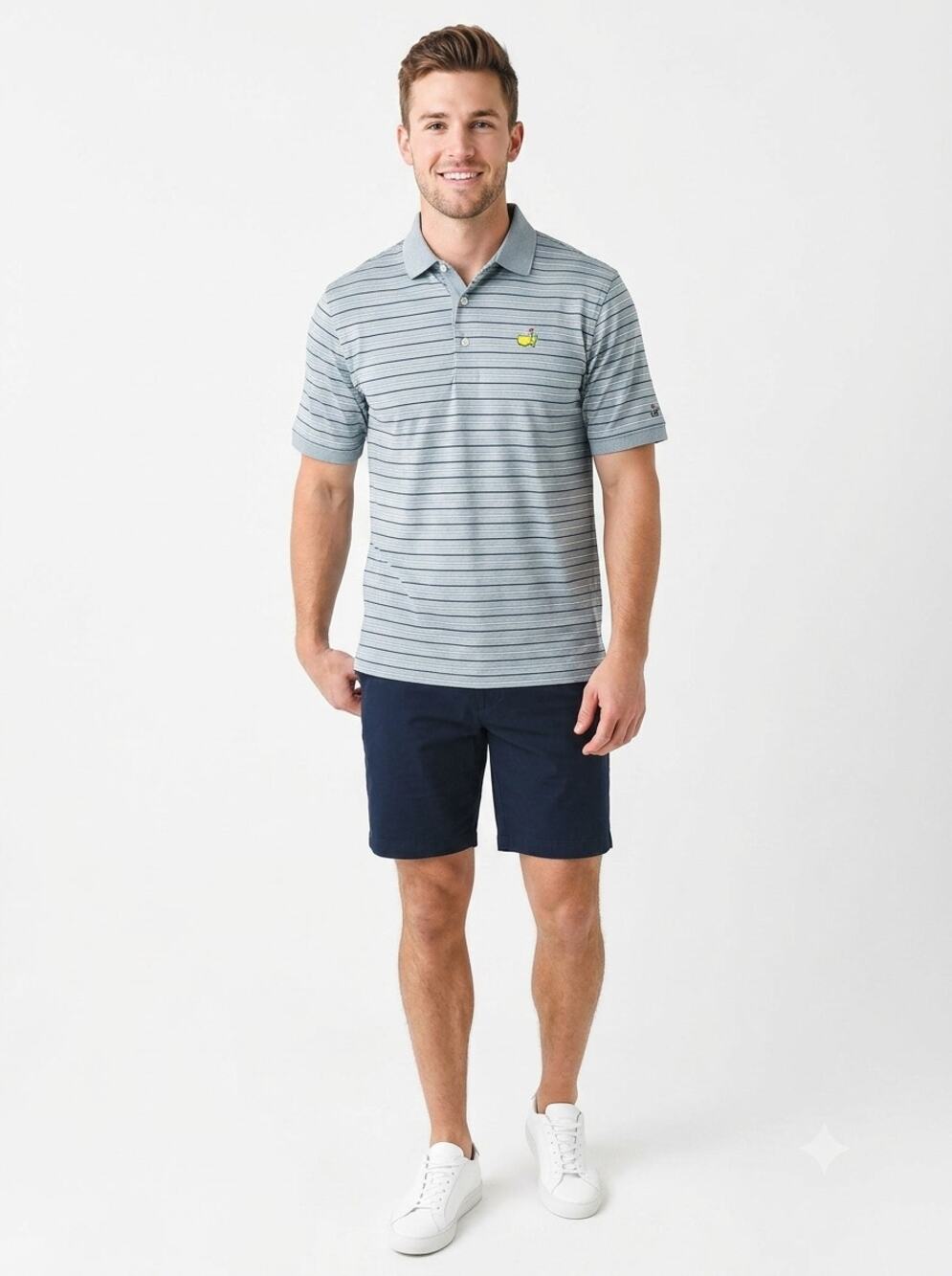 Bobby Jones Players Polo Shirt Mens L Blue Striped Masters Golf Tournament Logo